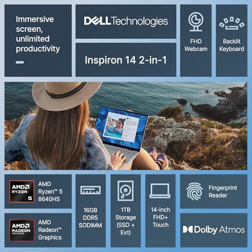 Dell convertible laptop folded into tablet mode highlighting the 14-inch display.