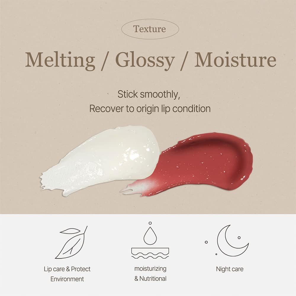 Texture shot of vegan melting lip balm showing the glossy non sticky transparent formula