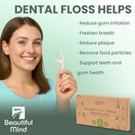 Biodegradable charcoal floss sticks displaying the vegan cornstarch handle and black thread