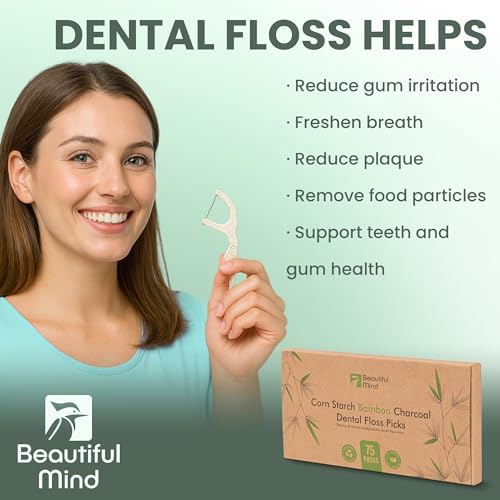 Biodegradable charcoal floss sticks displaying the vegan cornstarch handle and black thread