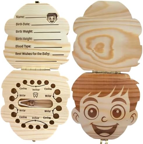 Wooden baby tooth holder box with personalized birth detail fields