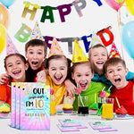 YSTEP 10th birthday party invitation kit showing twenty cards arranged neatly alongside twenty white envelopes