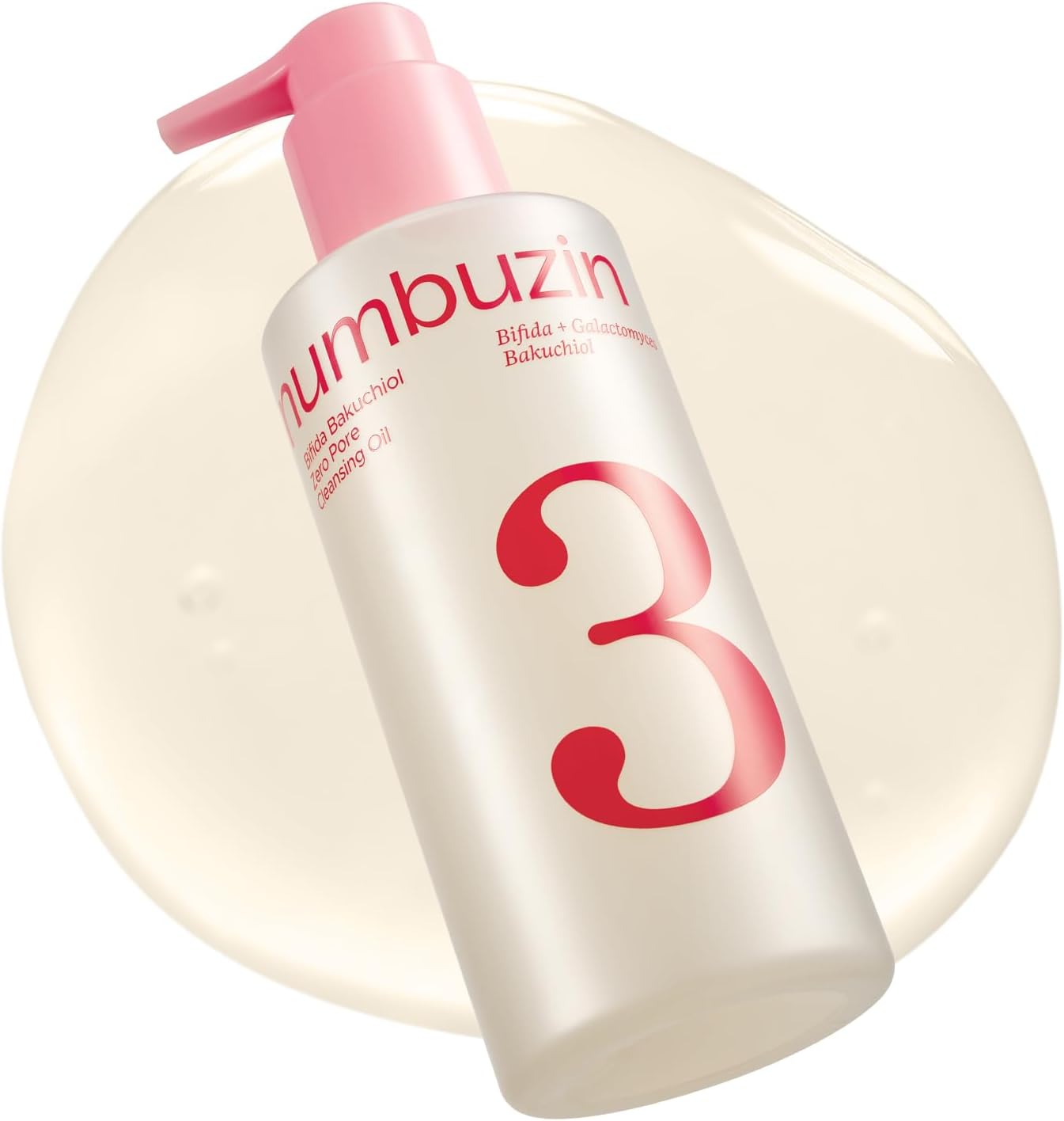 Numbuzin Number Three Bifida Bakuchiol Zero Pore Cleansing Oil front view bottle showing red number three logo.