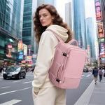 Hanples forty litre luggage rucksack side profile showing expanded zipper compartment and USB charging port