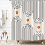 Close up view of the waterproof cream polyester fabric with orange sun circles print.