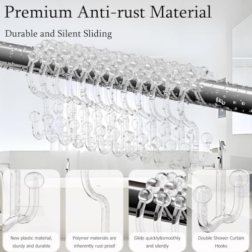 Close up of smooth rolling balls on clear shower curtain hooks