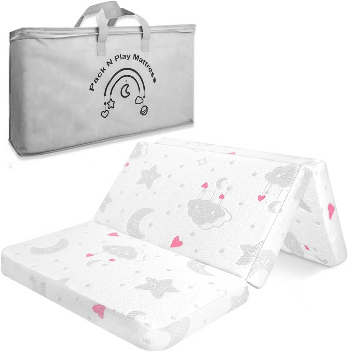 Voomf trifold pack and play mattress front view showing heart pattern
