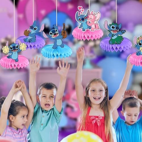 Stitch birthday party centerpiece set used on a dessert table display.