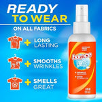 Using Bounce wrinkle release spray on a wrinkled cotton shirt for instant smoothing.