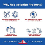 Back label of Astonish cookware cleaner showing product ingredients and usage instructions.