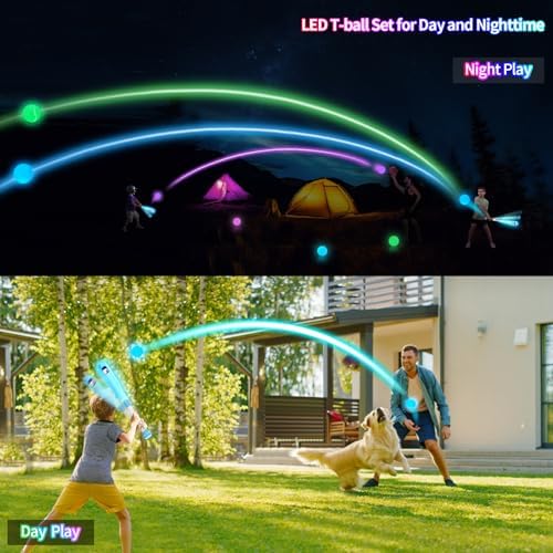 Glow in the dark baseball bat and balls illuminated in low light
