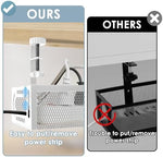 Before and after comparison using the white steel cable management system on a minimalist office computer table