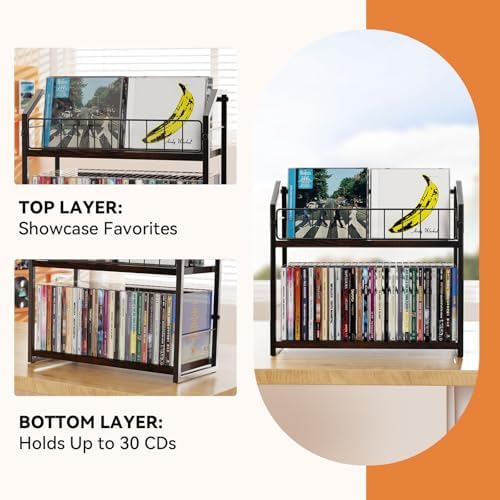 PAPAGIFTREE premium media rack top shelf displaying album covers horizontally on a home office desk
