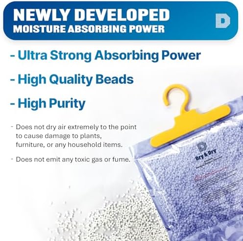 Dry & Dry moisture absorber hanging in a wardrobe next to clothes.