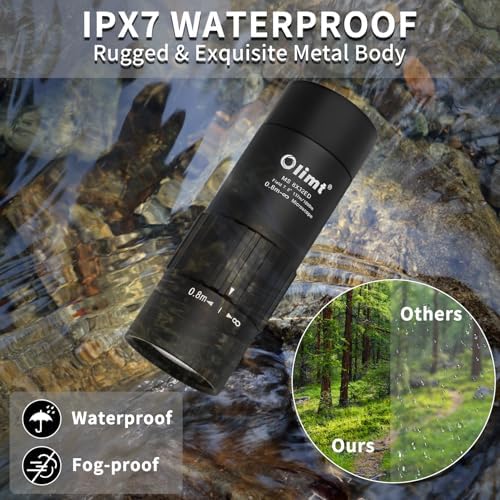 Olimt compact handheld monoscope angled view illustrating the multi-coated Extra-Low Dispersion glass lens.