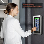 AMOCAM smart door access system angled view showing the heavy duty zinc alloy exterior and doorbell button.