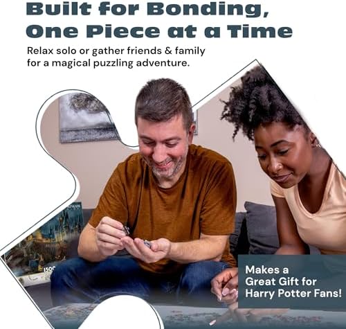 Ceaco Harry Potter puzzle pieces laid out on a table for sorting and assembly