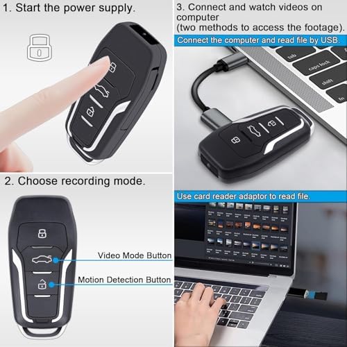 Compact hidden key style pocket spy camcorder showing the simple one button operation system setup