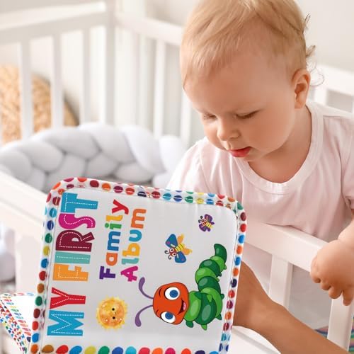 Fullhawl interactive baby photo book highlighting the soft tear resistant fabric edges and bright illustrations.