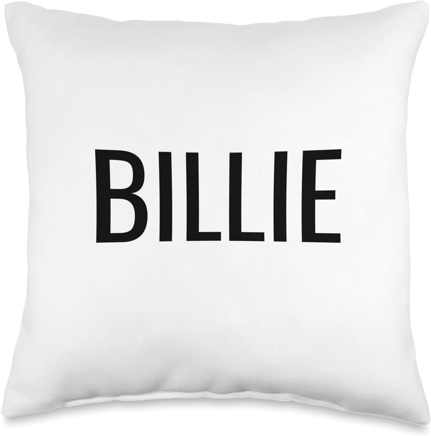 CRAFT MANIACS Billie Throw Pillow front view showing the minimalist black typographic design on a white background.