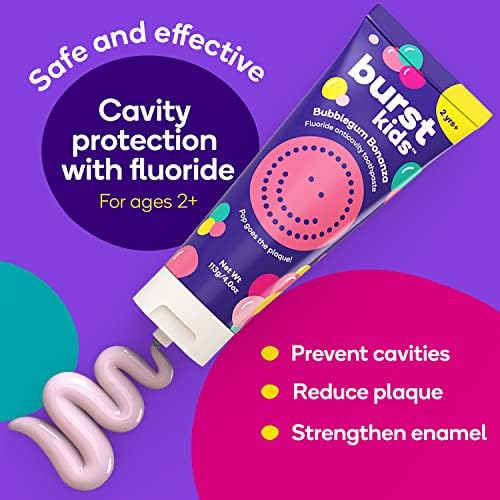 Back of BURST kids toothpaste tube showing vegan and dye free labels