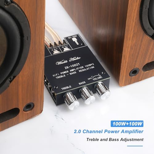 Wuzhi Audio ZK-1002T electronic board showcasing input ports and speaker terminal blocks