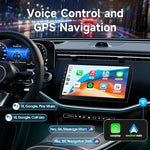 Haudio 9 inch car display demonstrating the efficient split-screen multitasking feature with music playback and map guidance.