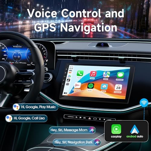 Haudio 9 inch car display demonstrating the efficient split-screen multitasking feature with music playback and map guidance.