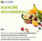 Close up view of Alkazone liquid supplement bottle detailing antioxidant and pH level benefits.