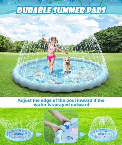 Extra large sprinkler play mat being folded for compact summer storage.