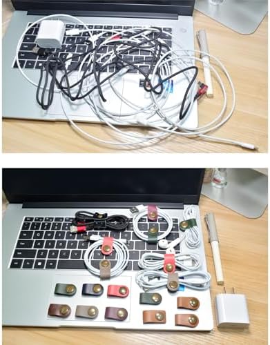Side view of multiple CAILLU leather cord organizers holding phone and smartwatch charging wires.
