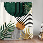 KOMLLEX minimalist geometric arch fabric bathroom liner hanging elegantly on a shower rod.
