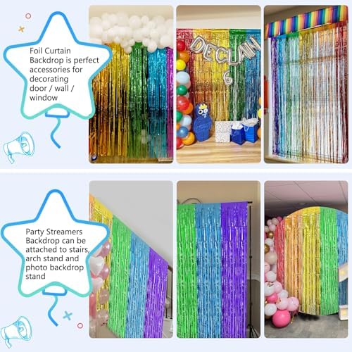 Colorful metallic photo booth backdrop with rainbow frill curtains setup for a celebration