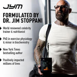 Omega JYM high strength fish oil capsules displayed alongside a fitness workout layout showcasing premium joint protection.