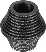 Durable metal camera lens filter rings organized for photography