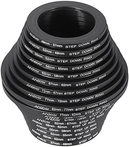 Durable metal camera lens filter rings organized for photography