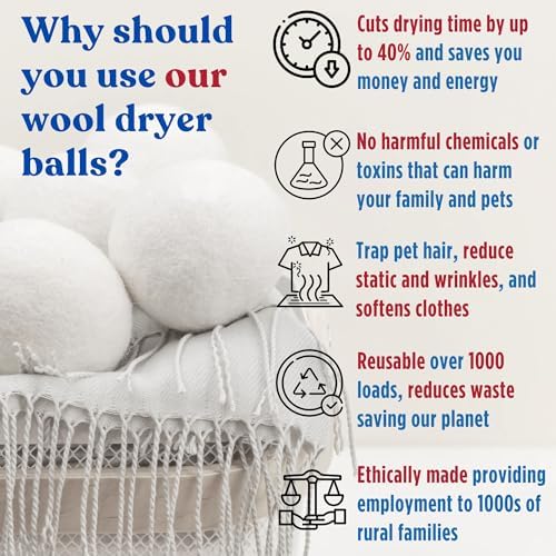 Organic wool dryer balls being placed directly into a tumble dryer with clothes