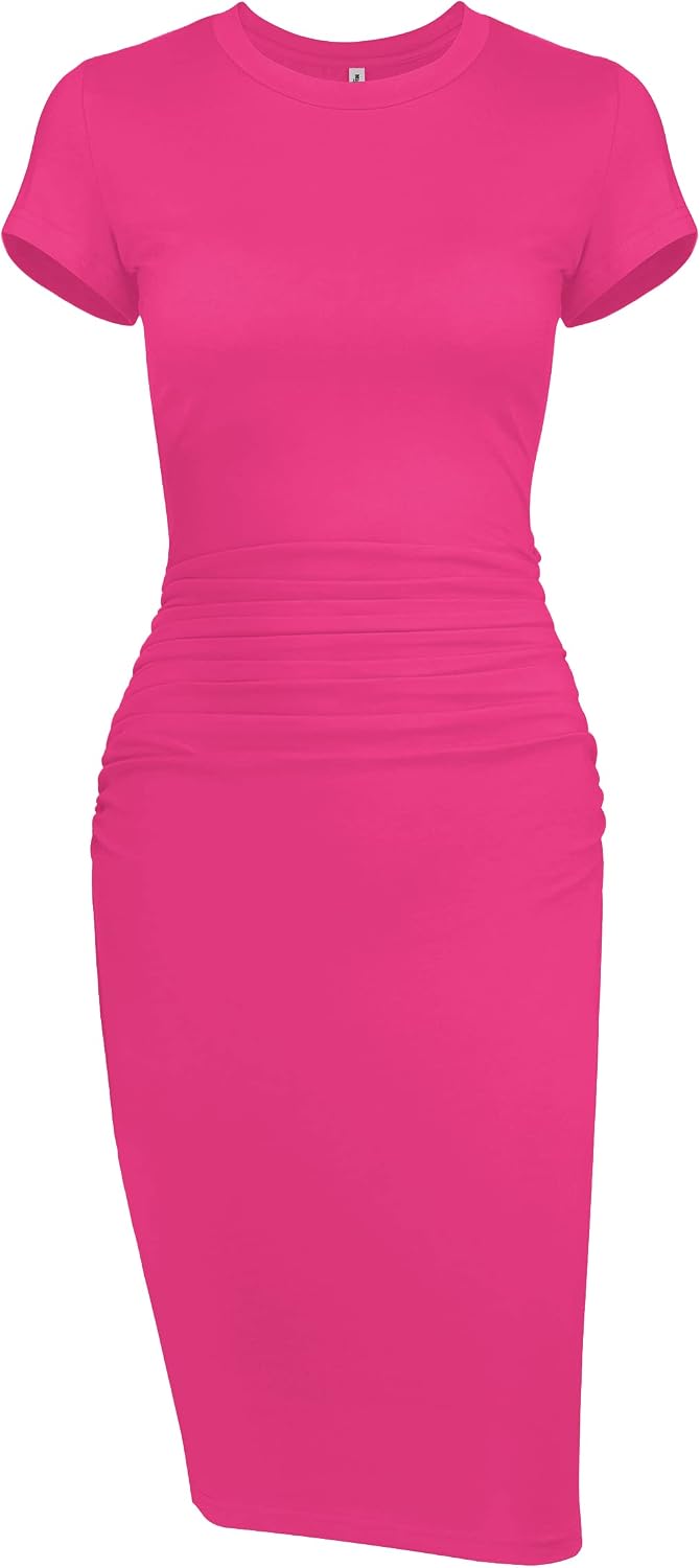 Missufeintl Women's Bodycon Ruched Short Sleeve T Shirt Midi Sundress Fitted Casual Dress - Image 13