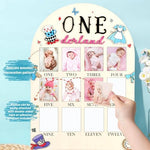 HarpandTimbrel baby milestone wooden frame showing wallet size picture placements from newborn to twelve months.