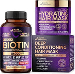 Nutraharmony hydrating hair mask and biotin softgels front view showcasing packaging