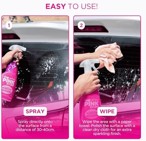 Pink Stuff miracle window cleaner bottle against a clean glass surface