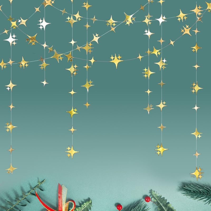 Yilzo glitter gold star garland banner hanging on a party backdrop front view