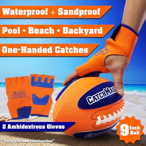 Funwares water football sticking instantly to the catch glove showcasing the high-performance grip technology