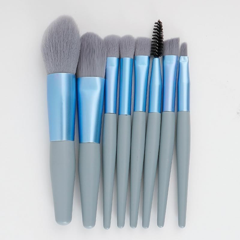 Dropy 8 Piece Makeup Brush Set front view showing blue ferrules and gray synthetic bristles.
