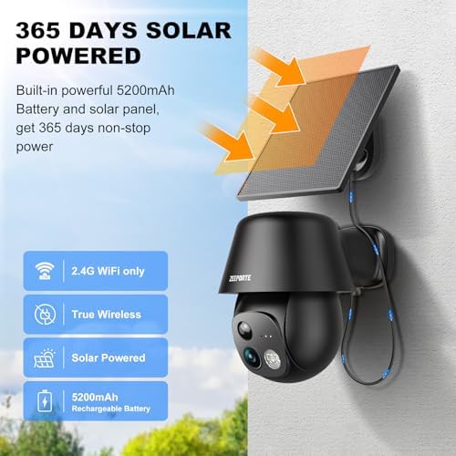 Wireless outdoor security camera mounted on a brick wall connected to its independent solar panel