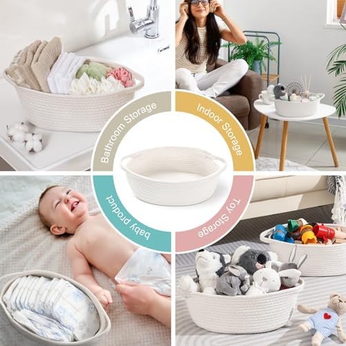 Landneoo rectangular cotton baskets with handles filled with baby toys