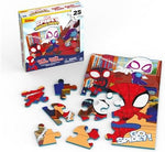 Assembled superhero floor puzzle showing Peter Parker Miles Morales and Gwen Stacy