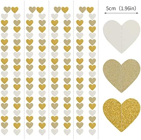 Close up view of double sided gold glitter and white paper heart banners pre sewn for party styling.