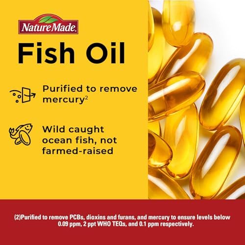Side view of Nature Made Extra Strength Fish Oil bottle detailing purity standards and wild-caught sourcing information.