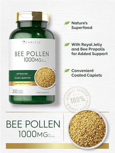 Authentic USA imported Carlyle bee pollen 1000mg caplets packaging display.
